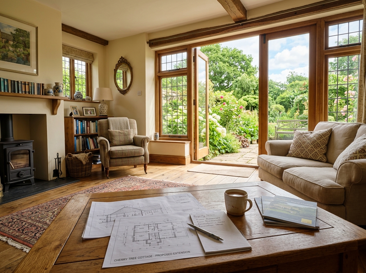 A warm, bright British living room with property notes and architectural plans on a table overlooking a garden