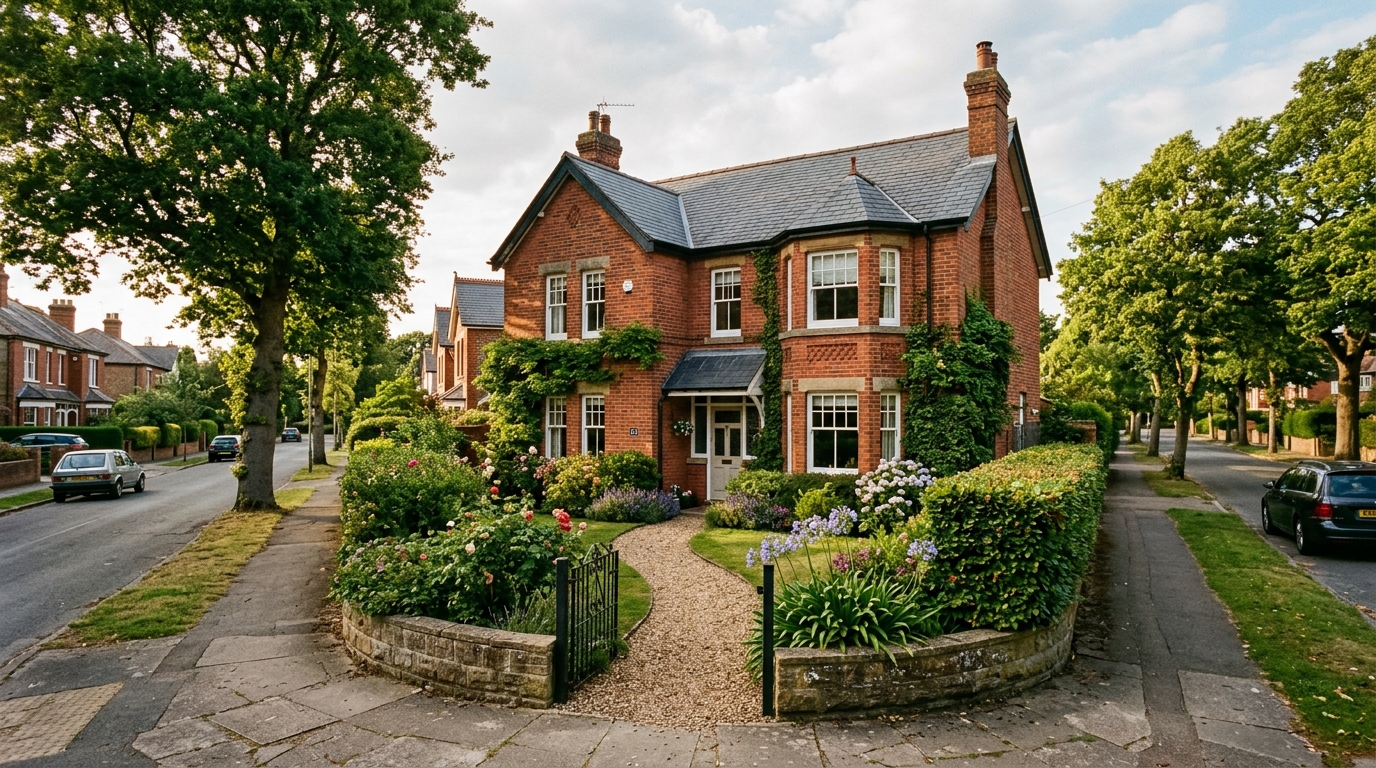A handsome British residential red brick home with a garden in a quiet suburban neighbourhood